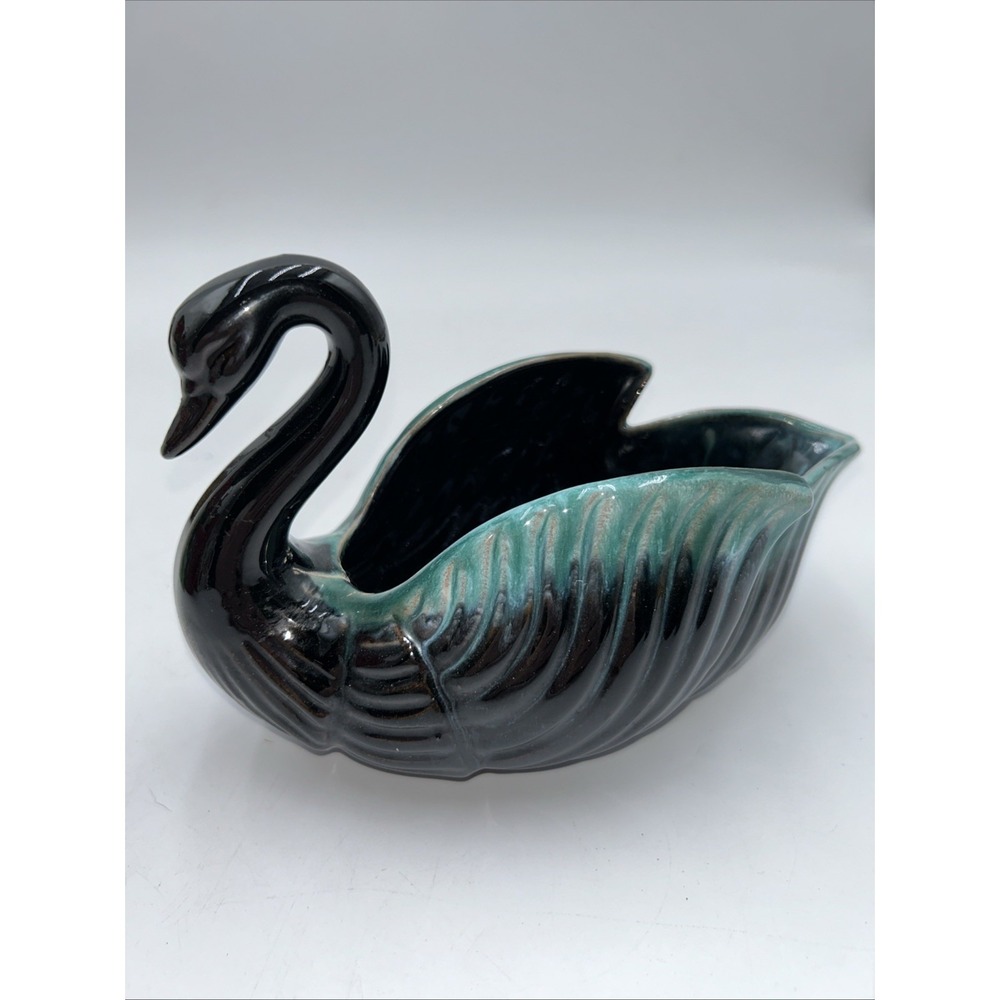 Vintage Black and Aqua Swan Planter Redware Enesco Lava Glaze